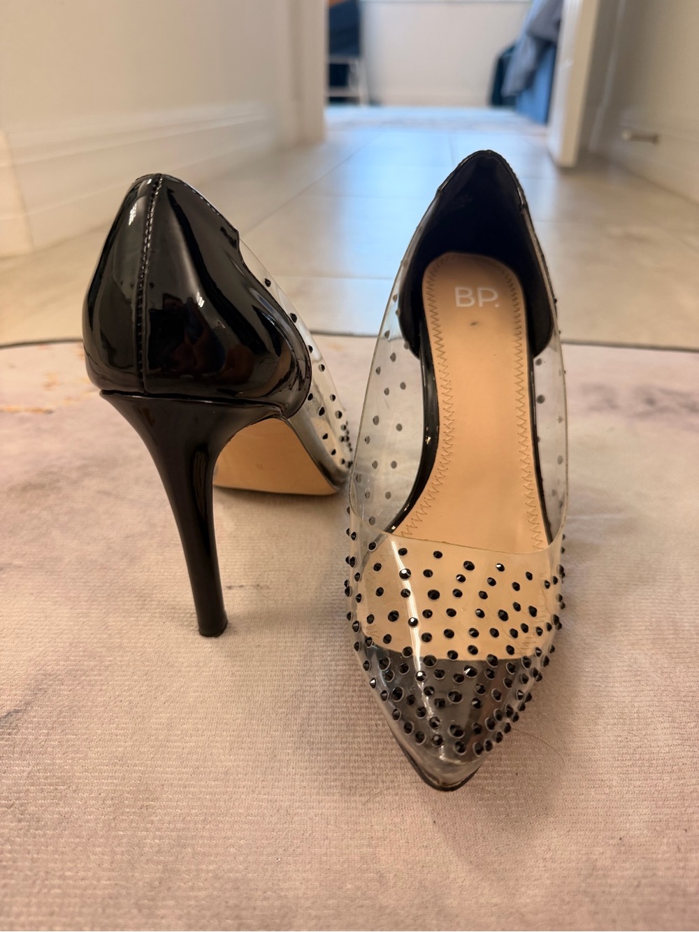 bp Clear Pointed Studded Pump in Black and Nude